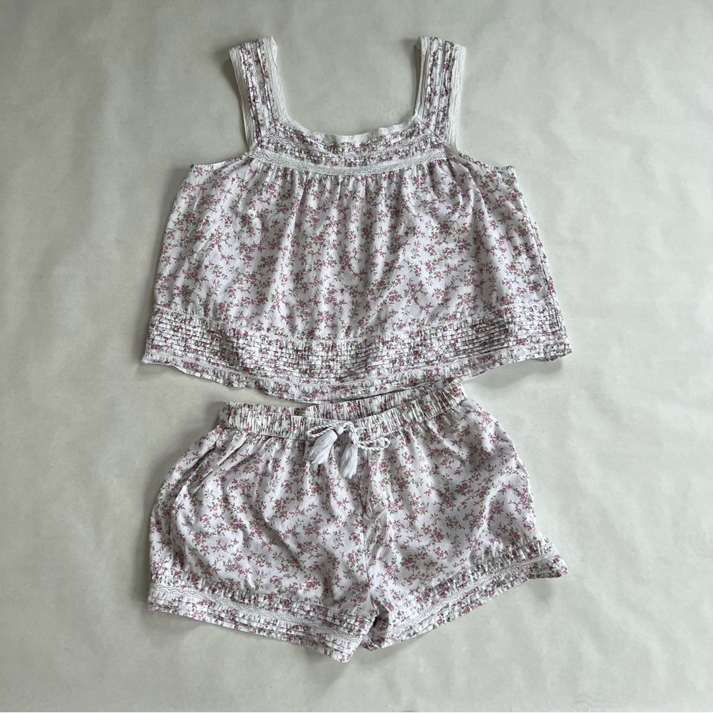 Rachel Ashwell Pink & White Floral 2 Piece Cotton Pajamas Women’s Size Large